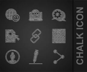 Set Chain link, Pencil with eraser, Share, Calendar, Create account screen, Document and cursor, Speech bubble chat and Earth globe mail icon. Vector