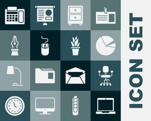Set Laptop, Office chair, Pie chart infographic, Drawer with documents, Computer mouse, Fountain pen nib, Telephone and Plant pot icon. Vector