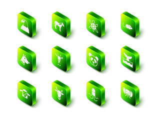 Set Horse, Turtle, Rat, Whale tail in ocean wave, Elephant, Cute panda face, Octopus and Cow head icon. Vector © Vadim