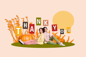 Exclusive magazine picture sketch collage image of charming kids celebrating thanksgiving day isolated beige color background