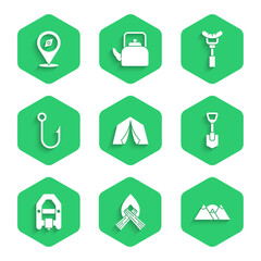 Set Tourist tent, Campfire, Mountains, Shovel, Rafting boat, Fishing hook, Sausage on the fork and Compass icon. Vector