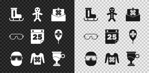 Set Figure skates, Holiday gingerbread man cookie, Christmas postcard, Ski goggles, sweater, Mulled wine, and Calendar icon. Vector