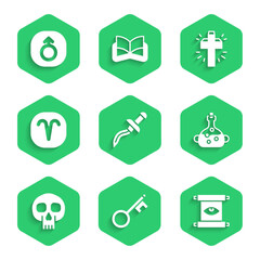 Set Dagger, Old key, Ancient magic scroll, Poison in bottle, Skull, Aries zodiac, Christian cross and Mars icon. Vector