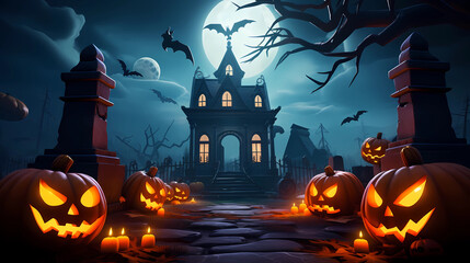Fototapeta na wymiar A spooky Halloween-themed lobby background featuring pumpkins and a haunting ambiance. Perfect for adding a touch of terror to your Halloween-themed projects!