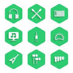 Set Audio jack, Air headphones, Pan flute, Tambourine, Electric bass guitar, Music note, tone, Accordion and Headphones icon. Vector