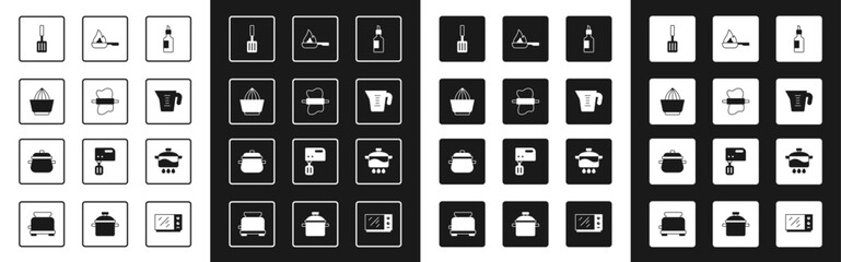 Set Bottle of olive oil, Rolling pin on dough, Citrus fruit juicer, Barbecue spatula, Measuring cup, Frying pan, Cooking pot and icon. Vector