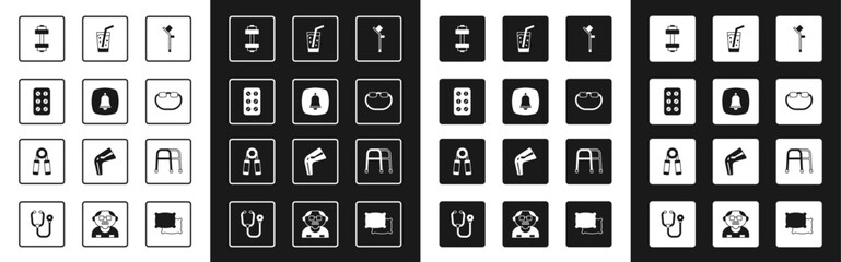 Set Crutch or crutches, Emergency phone call, Pills in blister pack, Dumbbell, Eyeglasses, Glass with water, Walker and Sport expander icon. Vector