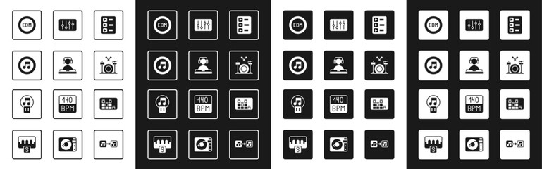 Set Music playlist, DJ playing music, note, tone, EDM electronic dance, Drums, Sound mixer controller, equalizer and Pause button icon. Vector