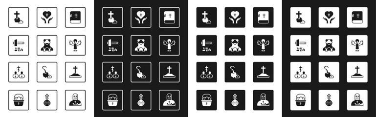 Set Holy bible book, Priest, Crucifixion of Jesus Christ, Christian cross, Angel, Religious in heart, Grave with and icon. Vector