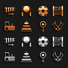 Set Pyramid toy, Abacus, Slingshot, Rattle baby, Toy train, Soccer football ball, Xylophone and Jump rope icon. Vector