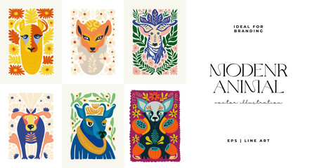 Floral and animal abstract elements. Botanical composition. Modern trendy Matisse minimal style. Kids, Child, Floral poster, invite. Vector arrangements for greeting card or invitation design.