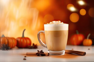 Pumpkin spice latte - spiced pumpkin latte - coffee with the addition of pumpkin syrup and spices. On an orange background.