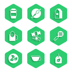 Set Candy, Cup of tea, Tea bag with leaf, strainer handle, lemon, Paper package for milk and icon. Vector