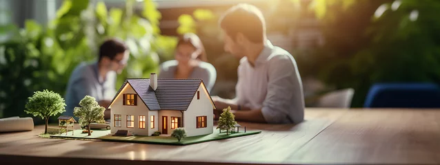 Foto op Plexiglas Banner of dream home model and blurred people in the background. Mortgage concept. Banner with Copy space. © malgo_walko
