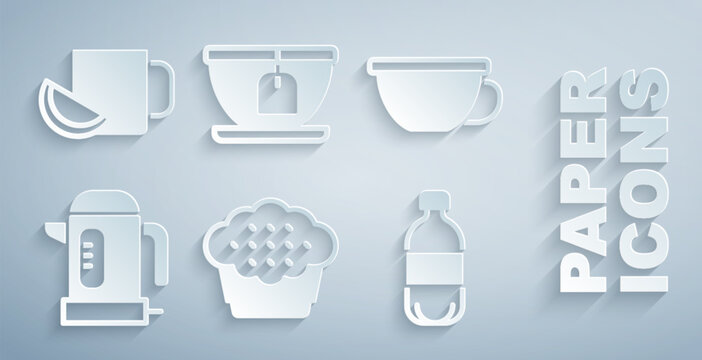 Set Muffin, Cup of tea, Electric kettle, Bottle water, with bag and lemon icon. Vector