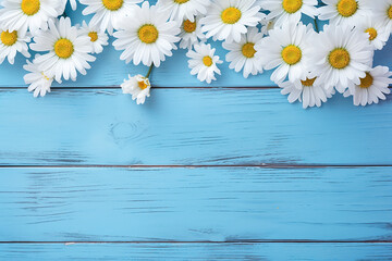 A bouquet of a beautiful white daisy arranged on the left side, right side of the blue wooden panel wall, the blue background, Generative AI.