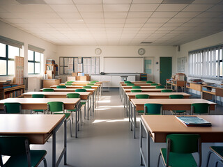 Minimalistic white classroom interior with stylish furniture. AI Generation.