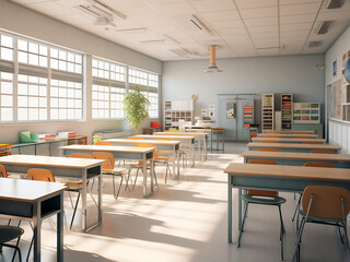 A bright white classroom adorned with chic furniture. AI Generation.