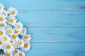 A bouquet of a beautiful white daisy arranged on the left side, right side of the blue wooden panel wall, the blue background, Generative AI.