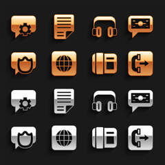 Set Worldwide, Stacks paper money cash, Outgoing call phone, Telephone handset, Speech bubble chat, Headphones, 24 hours support and File document icon. Vector