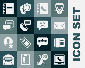 Set Telephone 24 hours support, handset, Mail e-mail, Phone book, conversation, Speech bubble chat, Notebook and Sad smile icon. Vector