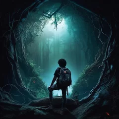 Tuinposter Deep in the bowels of mother earth, epic fantasy poster of hiking explorer boy in the forest, subtle dark and moody child in the mysterious woods © Kresimir