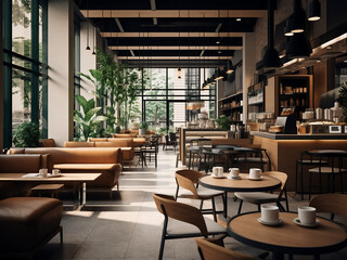 Warm and inviting coffee house interior. AI Generation.