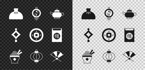 Set Dumpling, Chinese paper lantern, tea ceremony, Asian noodles bowl, Traditional fan, and Yuan currency icon. Vector