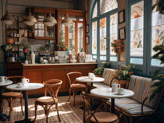 Fototapeta na wymiar Rustic charm in this coffee house interior. AI Generation.