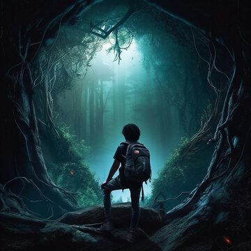 Deep in the bowels of mother earth, epic fantasy poster of hiking explorer boy in the forest, subtle dark and moody child in the mysterious woods