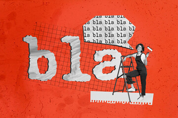 Abstract creative concept composite photo collage of happy woman stand on ladder draw inscription...