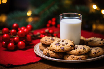 Santa's Cookies and Milk: A close-up shot of cookies and milk left out for Santa on Christmas Eve. Generated AI. - Powered by Adobe