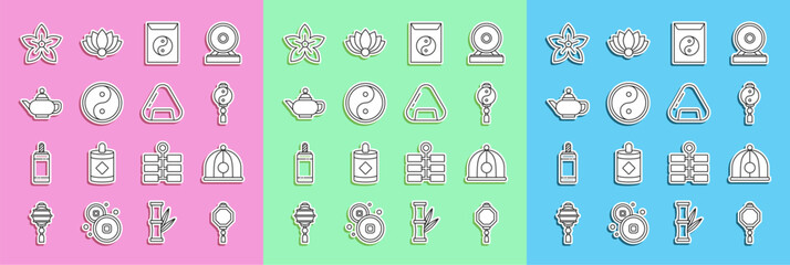 Set line Chinese paper lantern, hat, Yin Yang, and envelope, tea ceremony, Lotus flower and Sushi icon. Vector