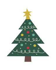 Vector illustration in cartoon style, green Christmas tree with colorful balls and tinsel, isolated on a white background
