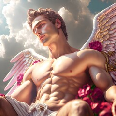 a very beautiful male archangel embodying laying back chilling of a fluffy cloud with golden ornaments wings made of white marble having tiny pink and rubine Narcissus poeticus sunrays slight  - obrazy, fototapety, plakaty