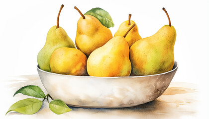 Bowls with ripe pears on white background watercolor