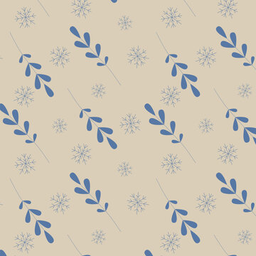 Vector illustration, seamless pattern with blue branches and snowflakes on a beige background