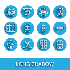 Set line Hockey mask, Ice hockey sticks, Stopwatch, Crutch or crutches, Air table, rink, Human broken bone and Fitness shaker icon. Vector