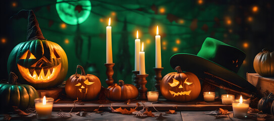 Halloween promotional banner background. Halloween night scene background with pumpkin within flames in the cemetery and bats in the night, copy space