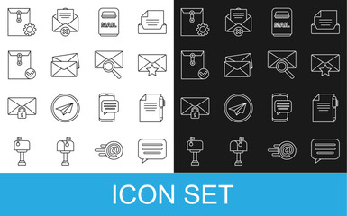 Set line Speech bubble chat, Document and pen, Envelope with star, Mail box, check mark, setting and magnifying glass icon. Vector