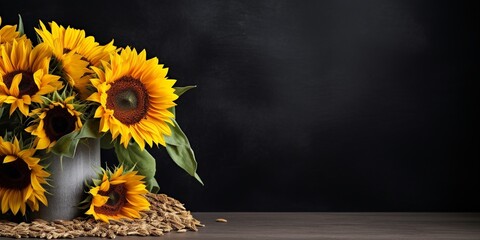 flat lay featuring vibrant sunflowers and scattered seeds, set against a rich dark background, creating a beautiful contrast that accentuates the brightness and positivity of the blooms, - obrazy, fototapety, plakaty