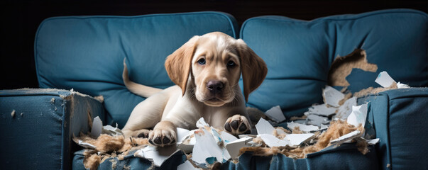 Cute little dog destroyed modern leather sofa while he was bored. - obrazy, fototapety, plakaty