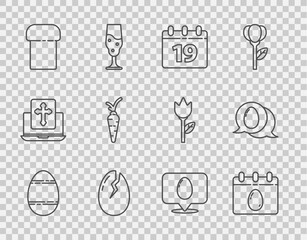 Set line Easter egg, Calendar with, Happy, Broken, cake, Carrot, Speech bubble easter and icon. Vector