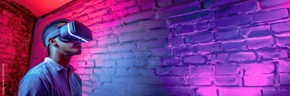 Wall mural Portrait of a fictional African-American man wearing a virtual reality headset in a room made of brick walls and illuminated with neon lights. Concept of technology, future and innovation.