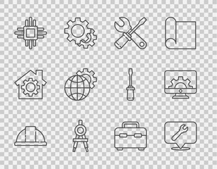 Set line Worker safety helmet, Location with wrench spanner, Screwdriver and, Drawing compass, Processor microcircuits CPU, Globe of the Earth gear, Toolbox and Computer monitor icon. Vector