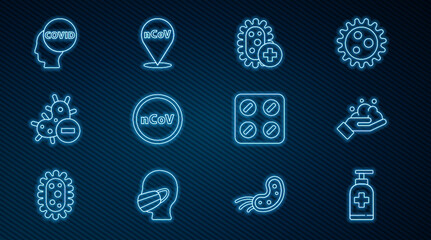 Set line Bottle of liquid antibacterial soap, Washing hands with, Positive virus, Corona 2019-nCoV, Negative, covid-19, Pills blister pack and location icon. Vector