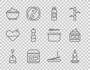 Set line Tea bag, Burning candle, Cream or lotion cosmetic tube, Sea salt bowl, Bottle of water, Scented spa stick and icon. Vector