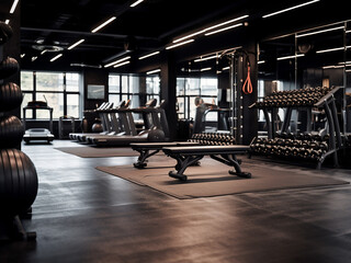 Fototapeta na wymiar Trendy black gym space with sleek furniture. AI Generation.