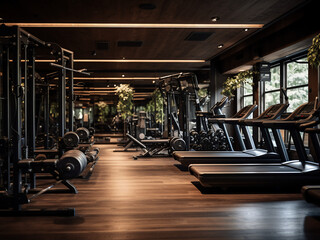 Modern interior showcases a dark wood gym. AI Generation.