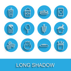 Set line Cracker biscuit, Khinkali on cutting board, Paper glass with straw, Bread loaf, Chicken leg package box, Cotton candy, Asian noodles chopsticks and Grilled shish kebab icon. Vector